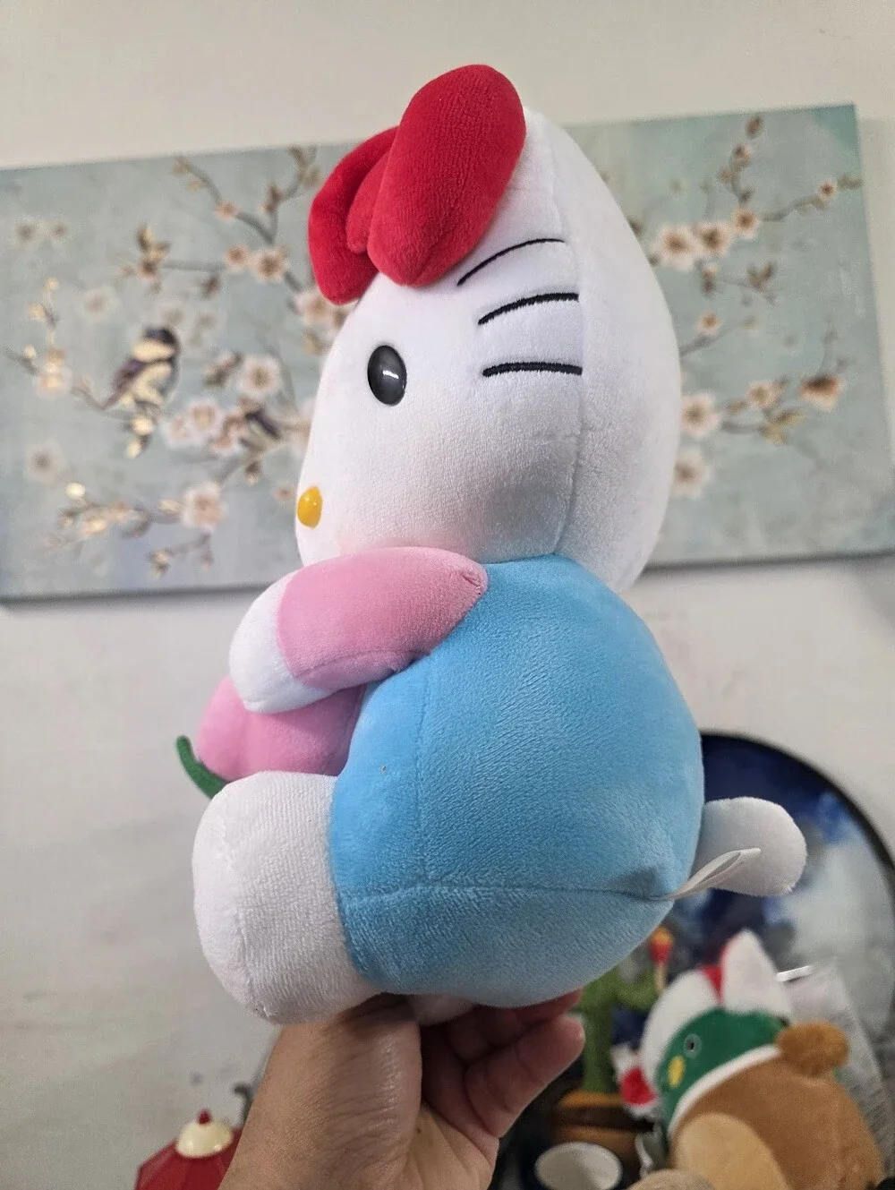 Hello Kitty White Plush with Red Bow, Pink Flower & Blue Outfit